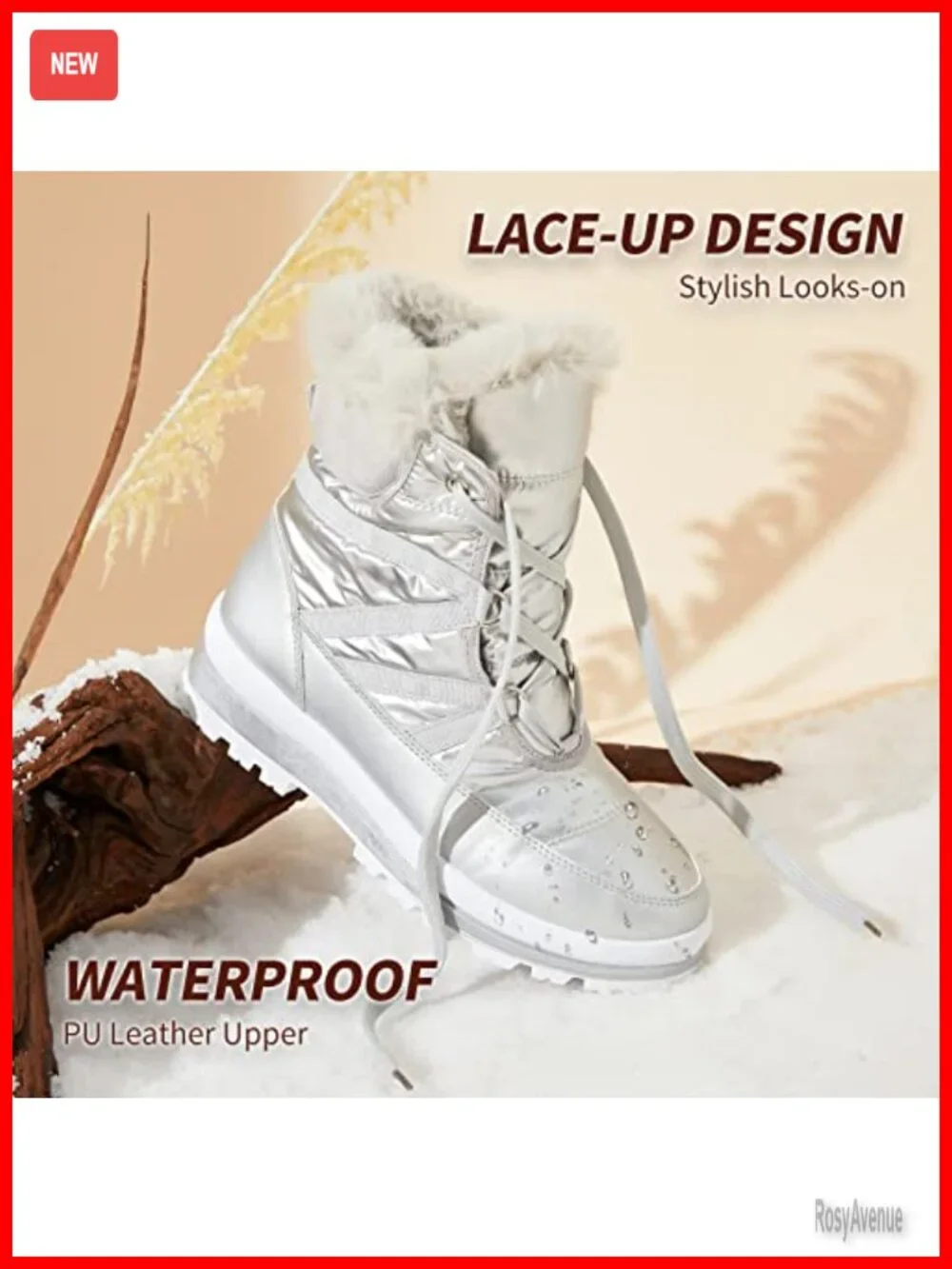 Warm Fur Lined Mid-Calf Winter Snow Boots Waterproof Non-slip Lace Up Combat